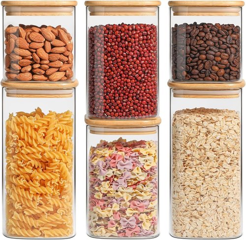 ComSaf Airtight Glass Storage Canisters - Set of 6 Kitchen Pantry Jars for Flour, Sugar, Tea | 0.7Qt, 1.2Qt, 1.6Qt
