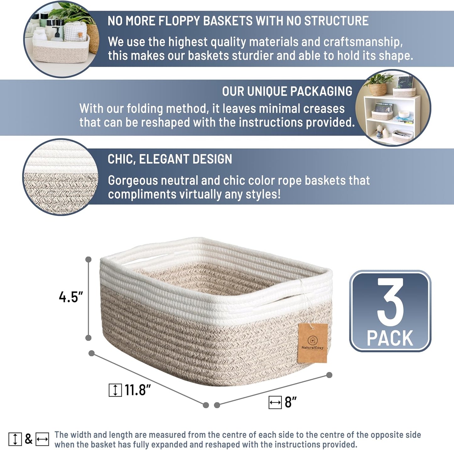 NaturalCozy Storage Baskets - 3 Pack Cotton Rope Woven Bins for Organizing | Small Size for Nursery, Bathroom, Closet