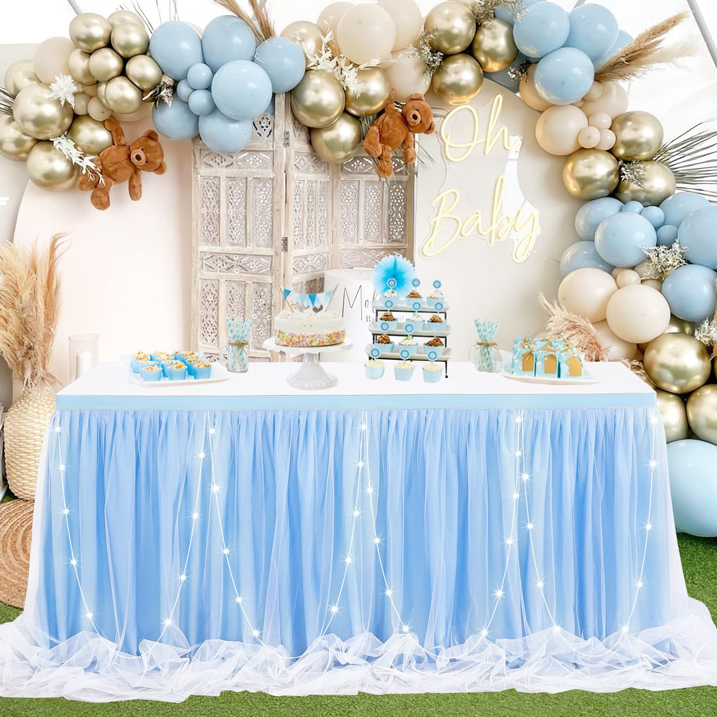 Baby Blue Tulle Table Skirts for Boy Birthday Party 14ft Baby Blue Tutu Table Cloths for Baby Shower Dessert Cake Table Decor