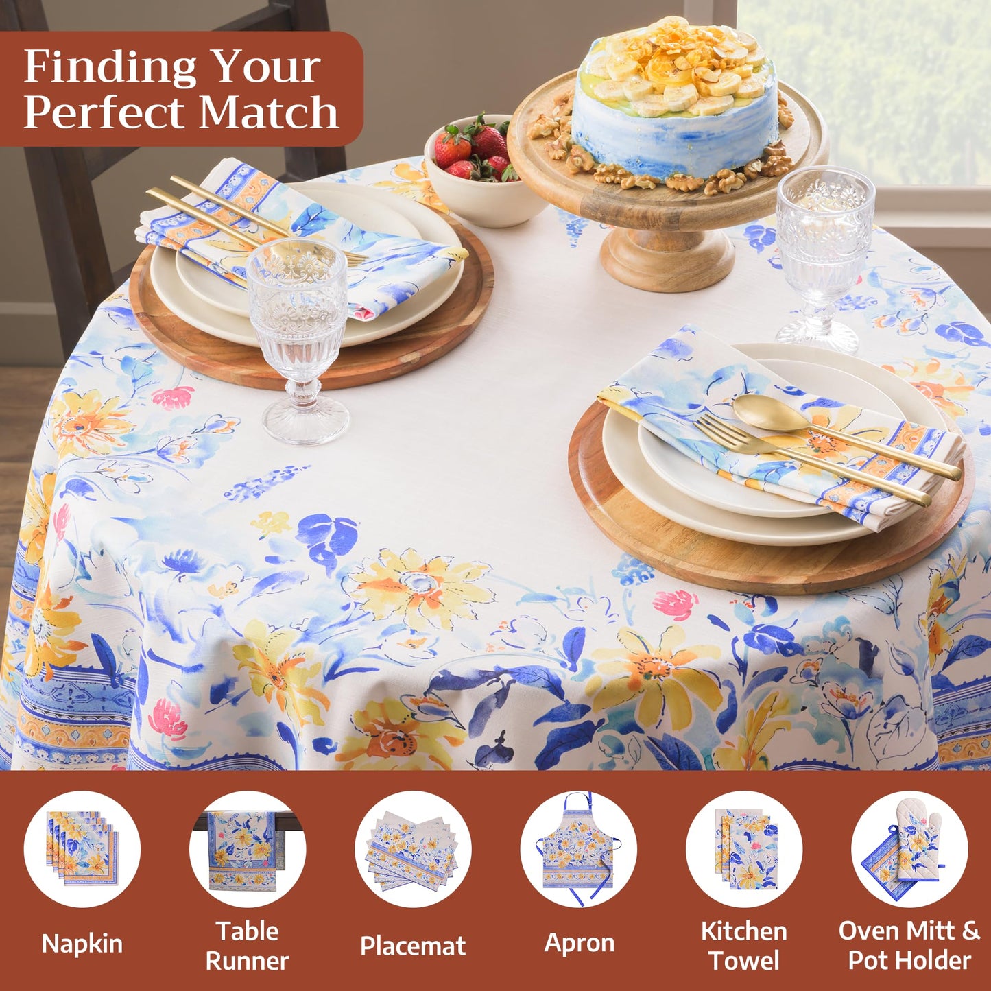 Maison d' Hermine Table Cloth Round Table 100% Cotton 63 Round Inches Tablecloth Reusable Decorative for Dining Kitchen Room Farmhouse Home Gifts for Mothers Day Spring Summer - Girassol