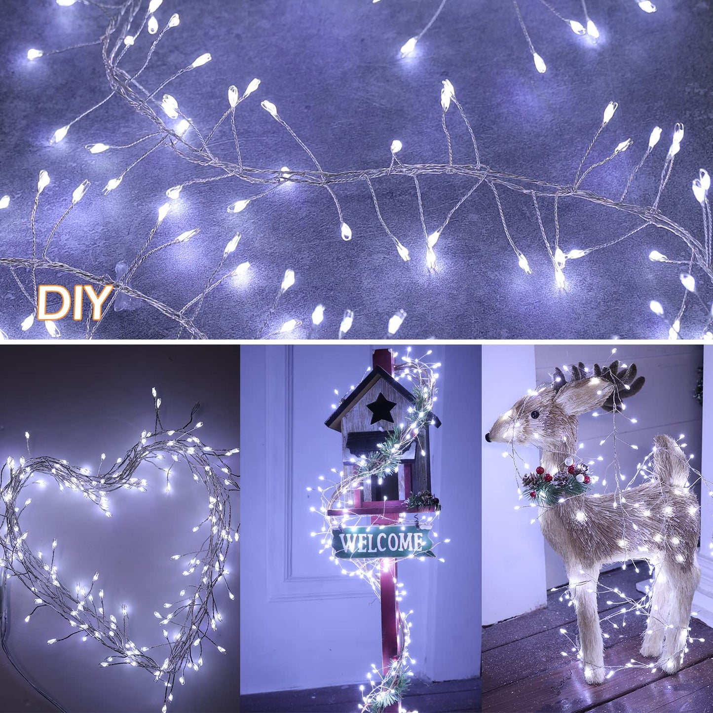 Minetom Fairy Lights Plug in, 10Feet 200LED Cluster String Lights, Silver Wire Waterproof Starry Firecracker Lights for Ceiling Bedroom Wreath Window Wedding Christmas Tree Decorations, Pure White
