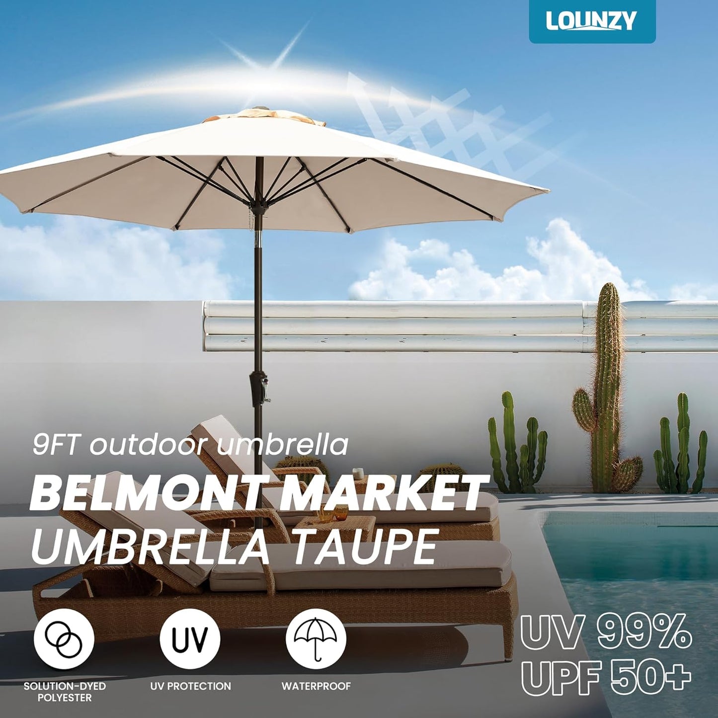 LOUNZY 9FT Large Outdoor Patio Umbrella - UV Resistant with Easy Tilt & Crank | Sturdy Fiberglass Ribs for Backyard & Pool