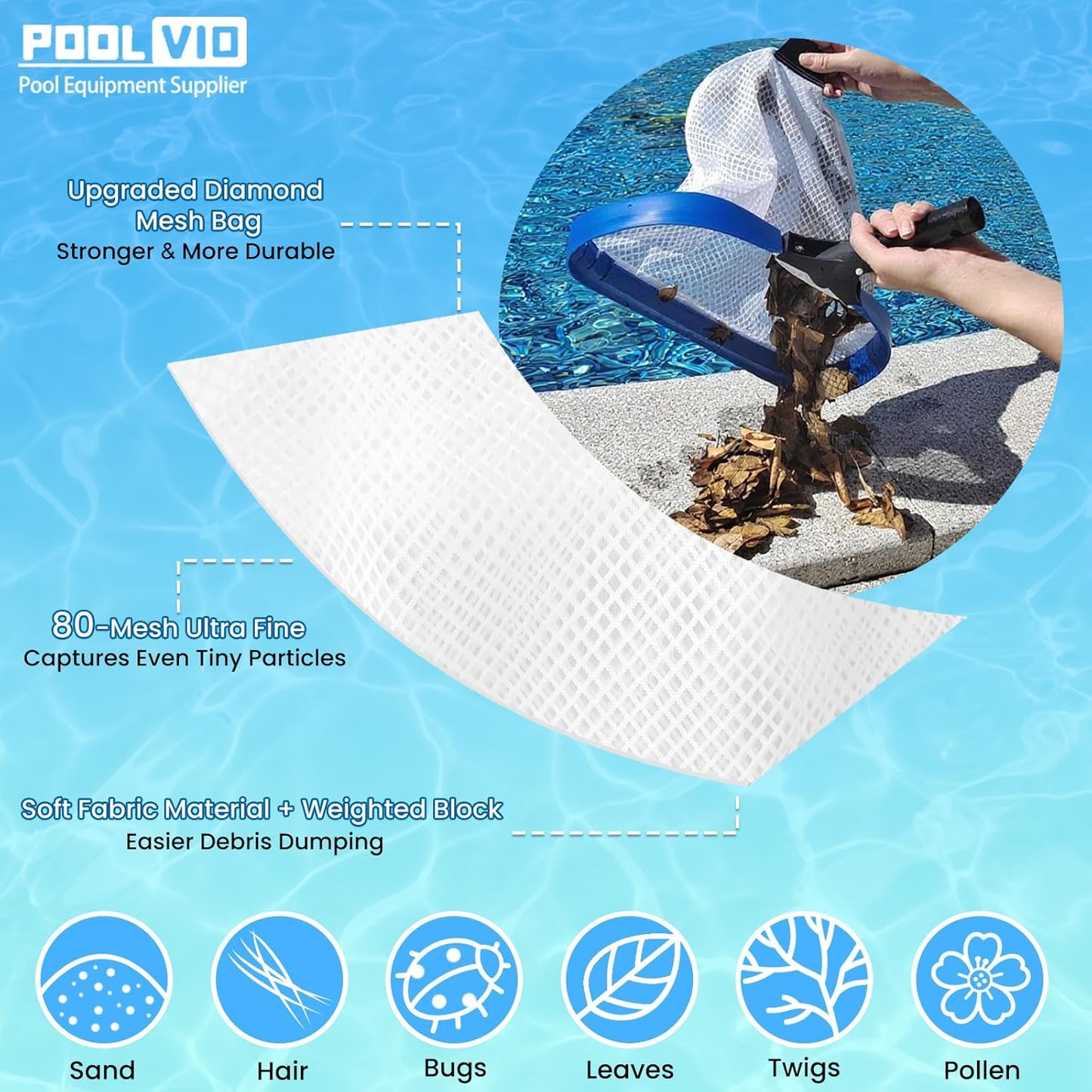 Poolvio 14" Heavy Duty Pool Skimmer Net - Aluminum Frame with Ultra-Fine Mesh for Leaves & Debris