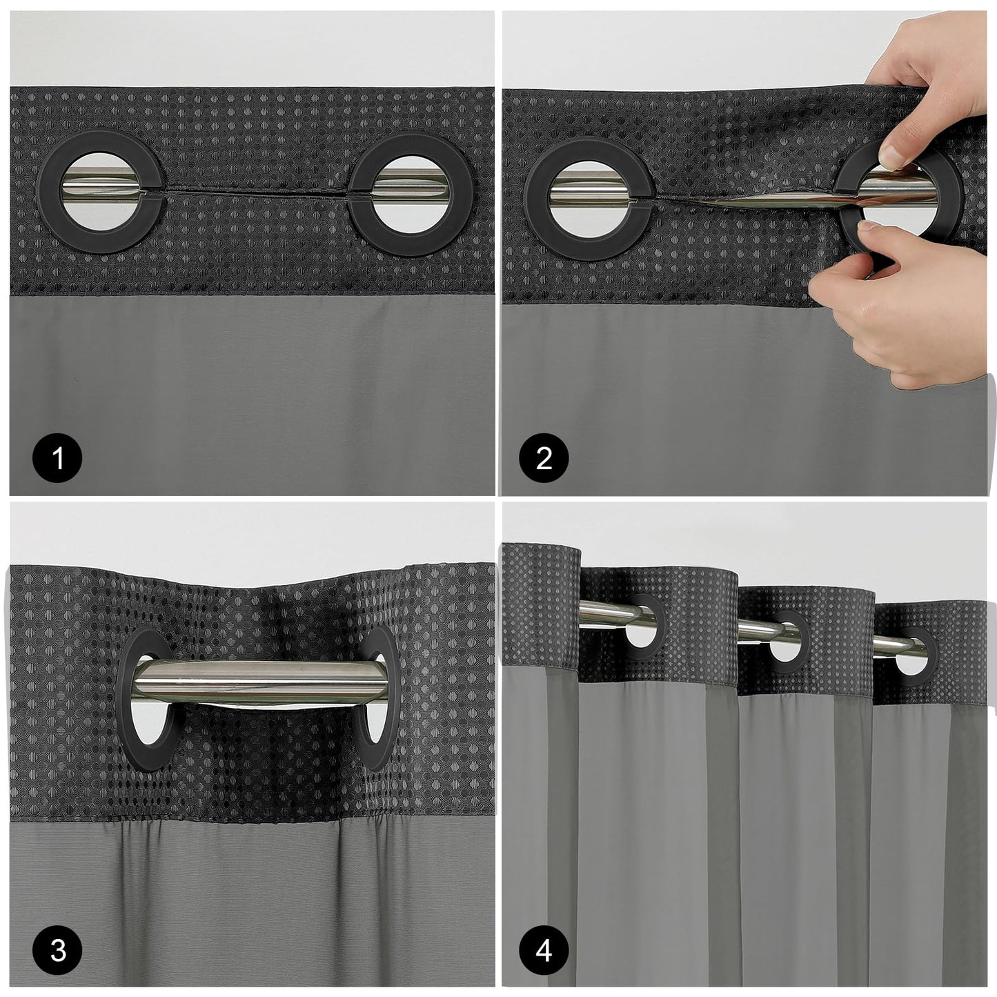 Colorful Star No Hook Waffle Shower Curtain with Snap in Fabric, Waterproof Shower Curtains with See Through Top Window, Hotel Luxury Heavy Duty Bathroom Curtain and Liner Set, 72'' x 75'', Black
