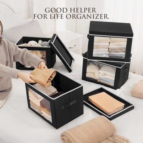 Homsorout Large Storage Bins - Collapsible Fabric Cubes with Lids for Clothes | 15.7 Inch, Black, 6 Pack