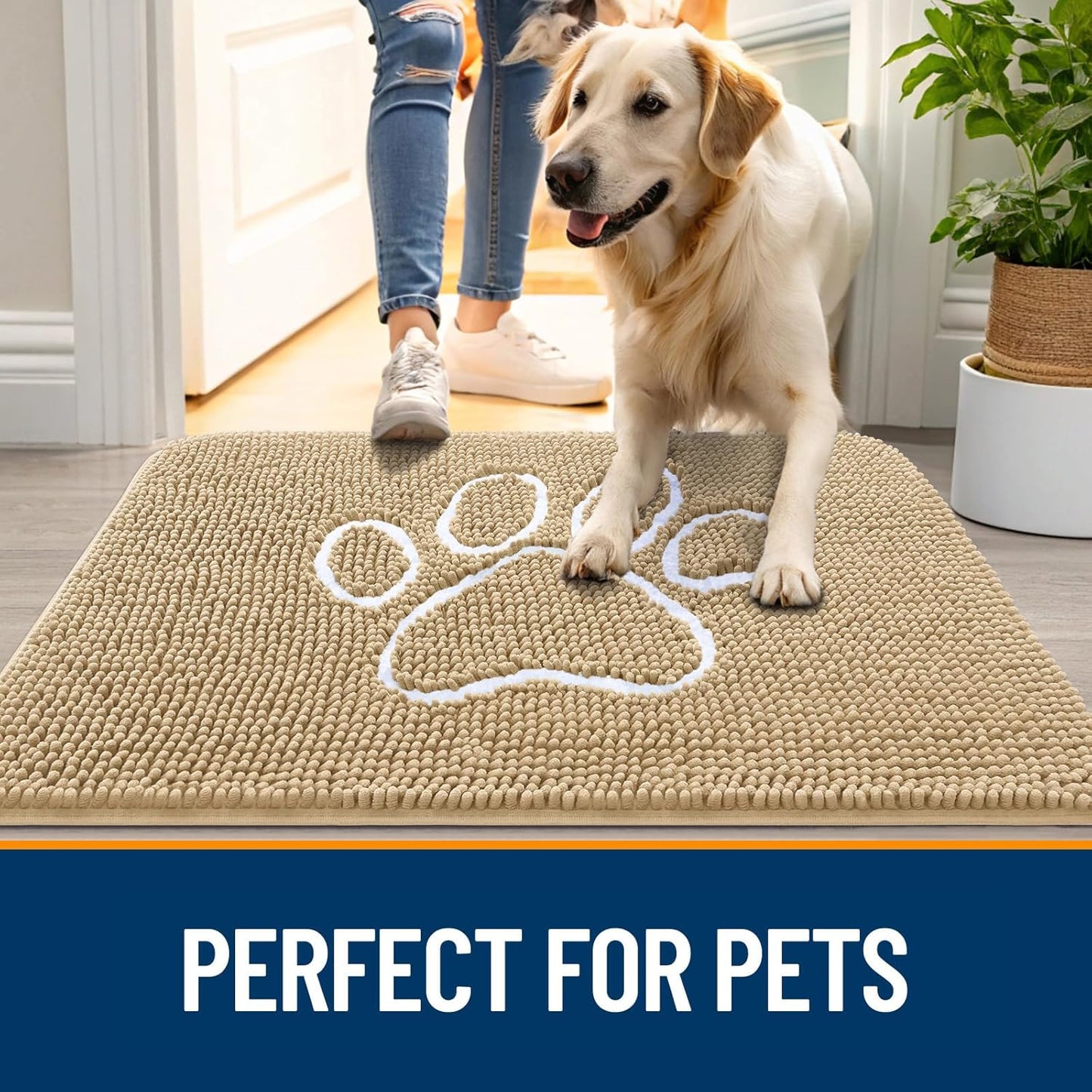OLANLY Dog Door Mat - Absorbent Non-Slip Muddy Paws Mat | Quick Dry Chenille 47x32, Beige