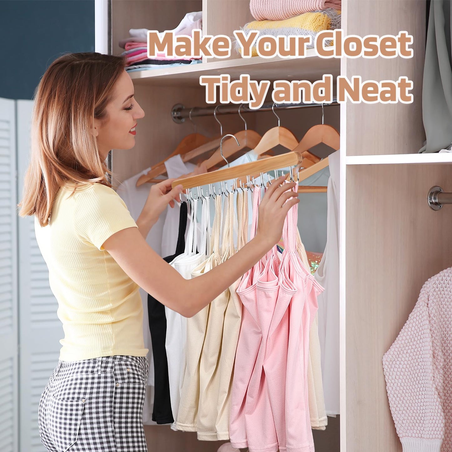 NECAMOCU 2 Pack Bra Hanger for Closet Organizer, Premium Wooden Tank Top Hangers with 36 Foldable Hooks, 360° Rotating Design, Space Saving Storage for Tank Tops, Bras, Scarves and More