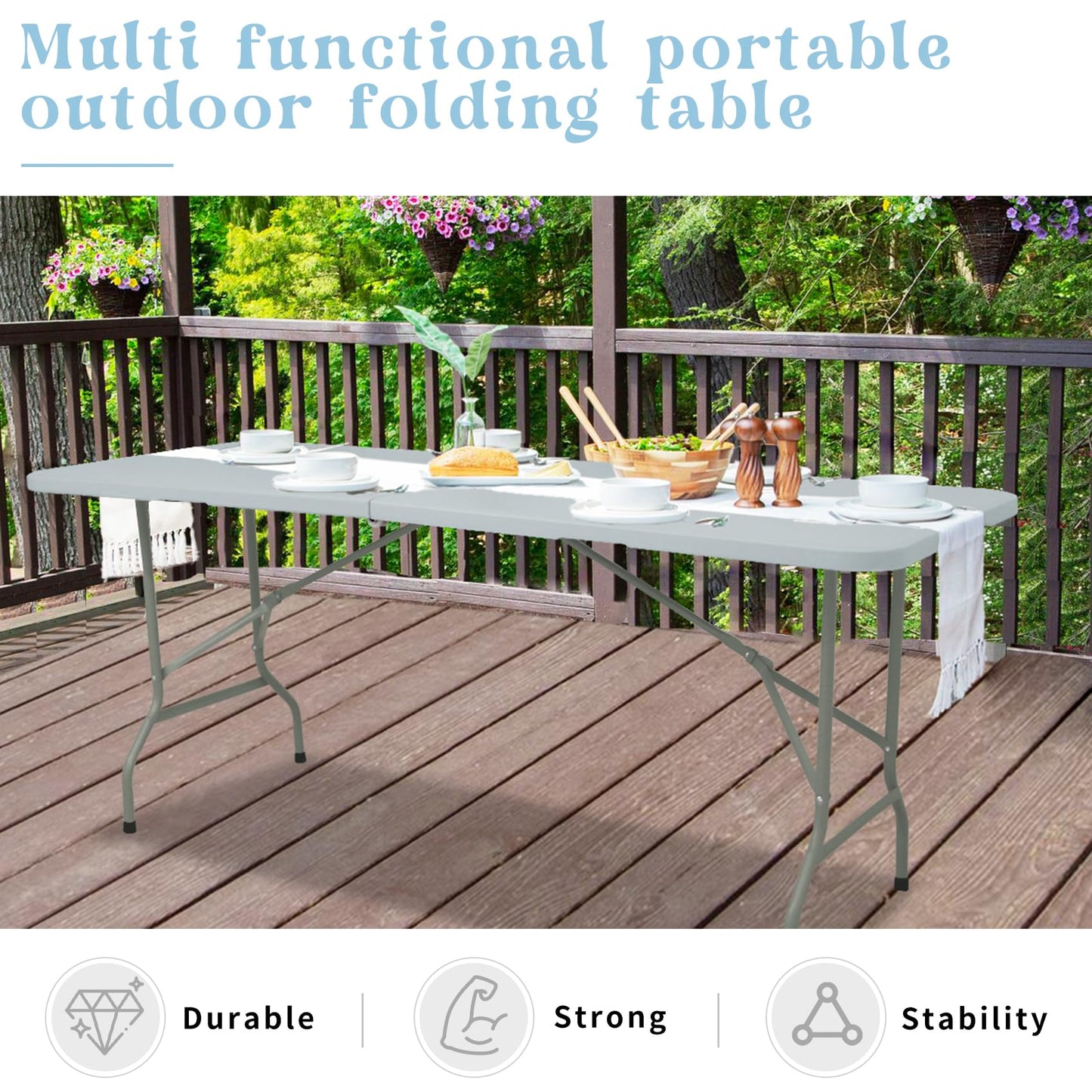 Set of 2 Folding Table 6 FT Lightweight Camping Table Portable Plastic Rectangular Outdoor Dining Table Steel Legs Fold-in-Half with Carrying Handle for Indoor,Picnic,Party,Wedding,Events(White)