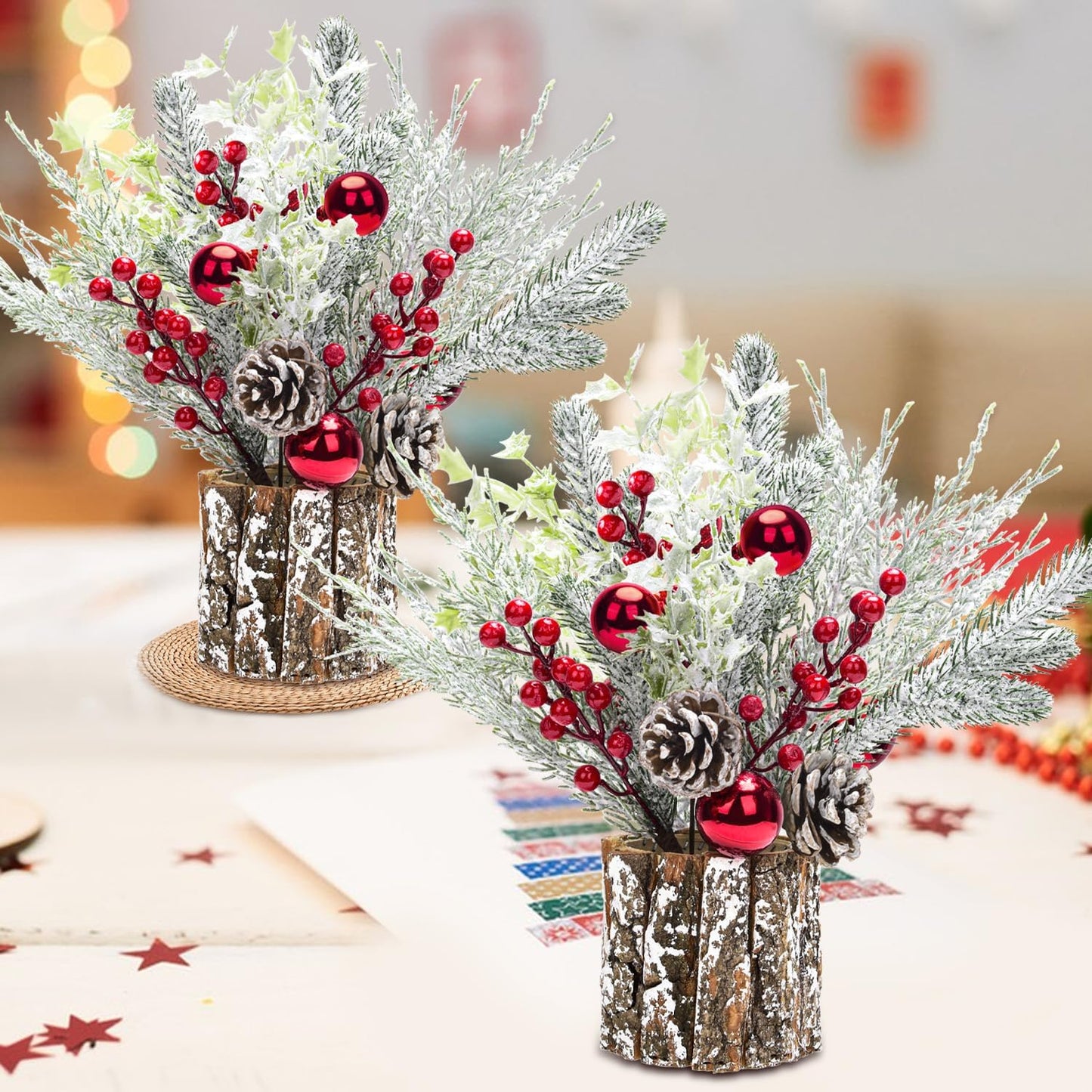 Skiennix Christmas Table Decorations - 14 Inch Potted Christmas Tree with Lights & Pine Cones | Holiday Centerpiece