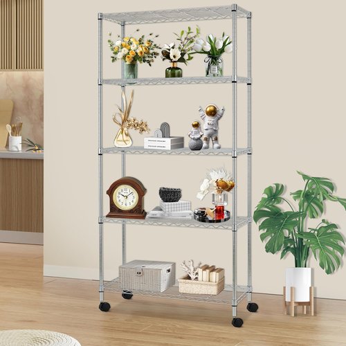 FDW 5-Tier Wire Storage Shelves with Wheels - Adjustable Heavy-Duty Metal Rack | Chrome, 30"x14"x61" | Tool-Free Assembly, Rust-Resistant, Holds Up to 220 lbs | Ideal for Home & Garage Storage