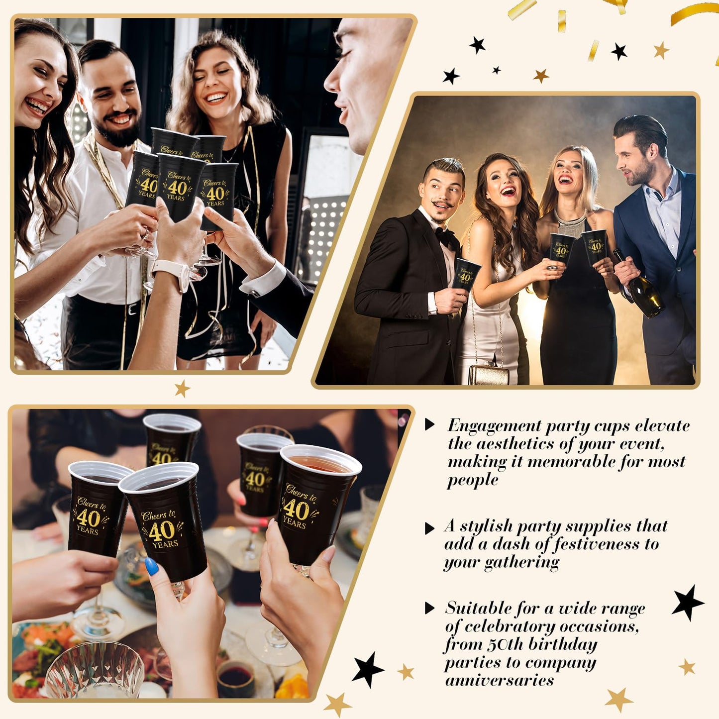 Ziliny 50 Pack 40th Birthday Decorations Birthday Cups 16 oz Disposable Plastic Gold and Black Cheers to 40 Years Cups for Men Women Hot Cold Drinks for Wedding Anniversary Supplies