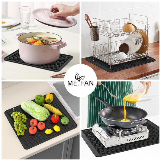 ME.FAN Silicone Dish Drying Mat for Kitchen Counter, Dish Drying Pad for Sink, Refrigerator or Drawer, Countertop Protection Pad M - 16''×12'' - Black