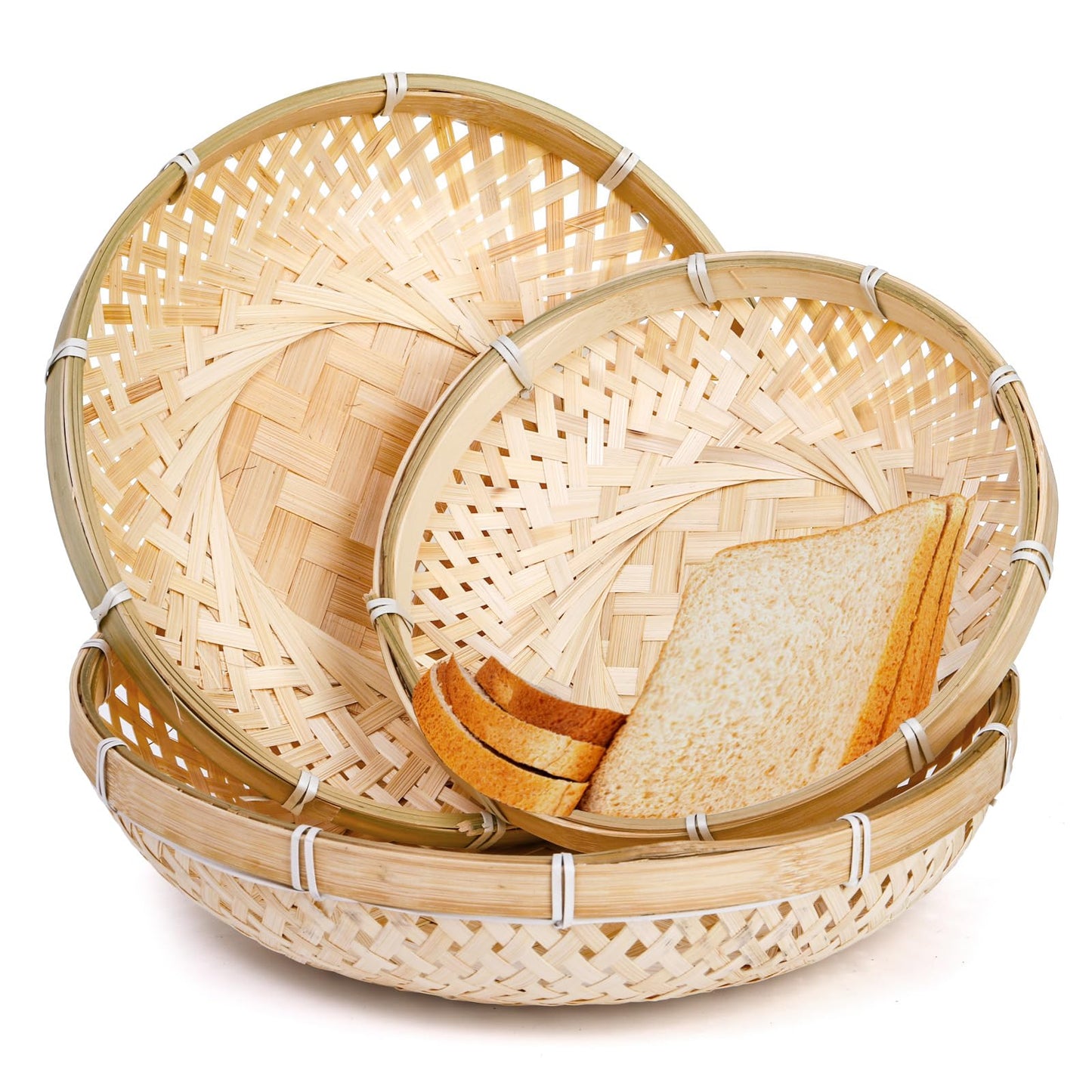 Hiceeden 3 Pack Round Bamboo Serving Trays, Decorative Wicker Basket Tray for Food, Natural Woven Shallow Tray for Fruit, Vegetables, Bread