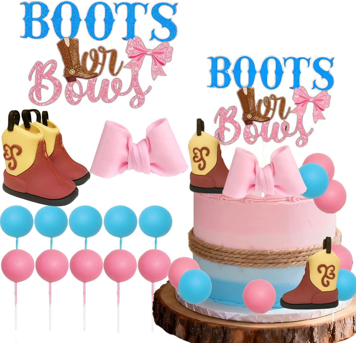 Regine Switzerland Gender Reveal Cake Decorations - Acrylic Boots & Bows Toppers Set for Baby Shower