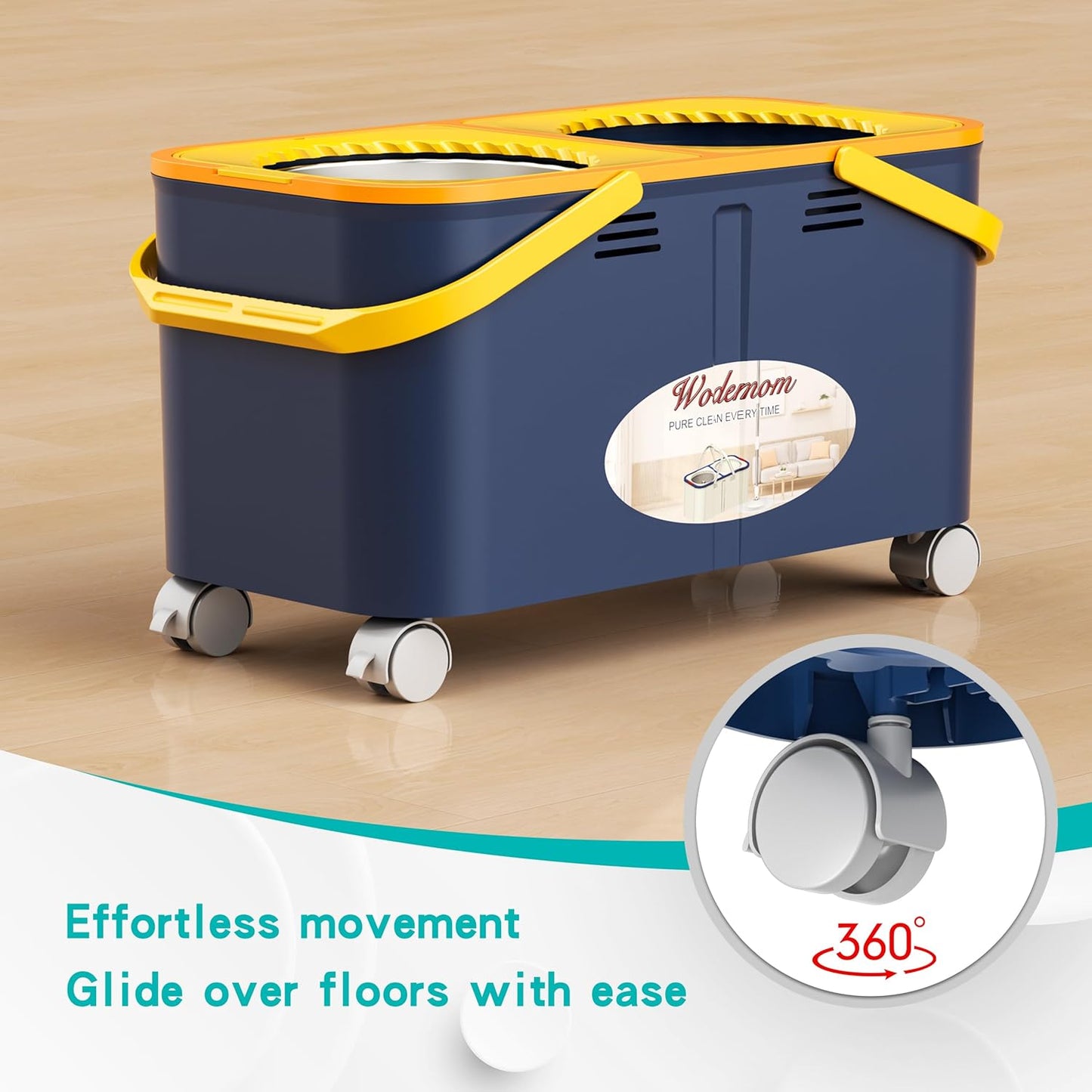 Skiennix Compact Spin Mop & Bucket - 360° Swivel Wheels, 61" Handle, 6 Reusable Mop Heads - Blue/Yellow