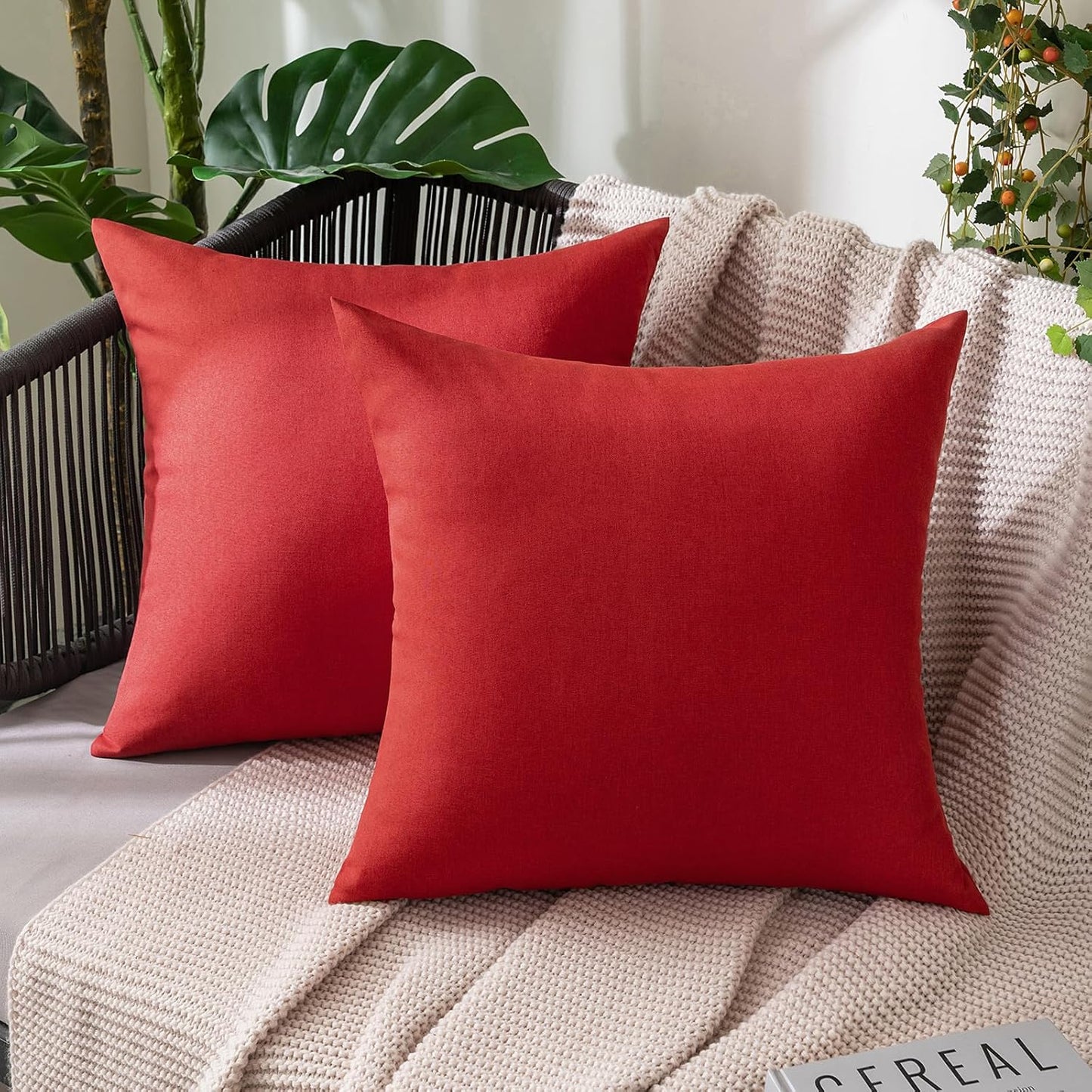 MIULEE Decorative Outdoor Throw Pillow Covers - Waterproof Faux Linen Cushion Cases | 12x12 Inch Red, Set of 2
