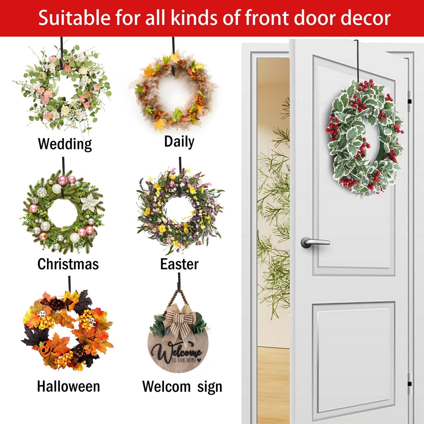 Vhxmaizxn 12 in Wreath Hanger Black Wreath Hangers for Front Door Wreaths Hangers Hook Over The Door Hook for Christmas Wreaths Holder Xmas Halloween Easter Home Outdoor Decorations