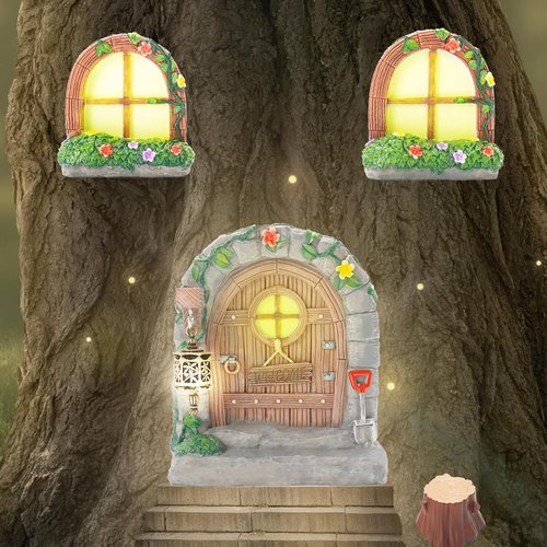 Exasinine Fairy Door Set - 6 Pcs Glow in The Dark Miniature Garden Accessories | Outdoor Decor with Lanterns