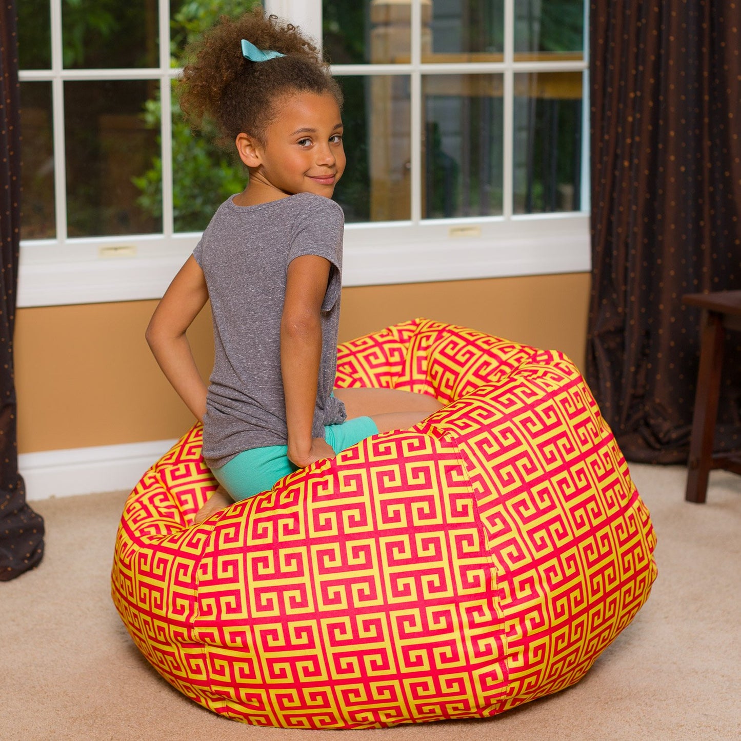 Posh Creations Bean Bag Chair for Kids, Teens, and Adults Includes Removable and Machine Washable Cover, 38in - Large, Pattern Scrolls Red and Yellow