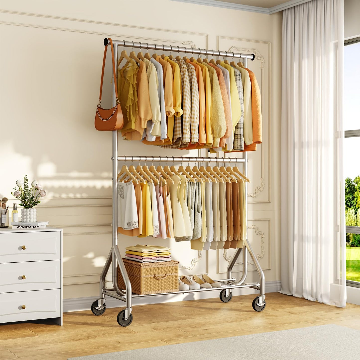 HYSEYY Heavy Duty Clothes Rack, Double Rod Clothing Rack for Hanging Clothes, Rolling Garment Rack, Adjustable Freestanding Wardrobe Closet Coat Rack for Bedroom Laundry Living Room, Silver