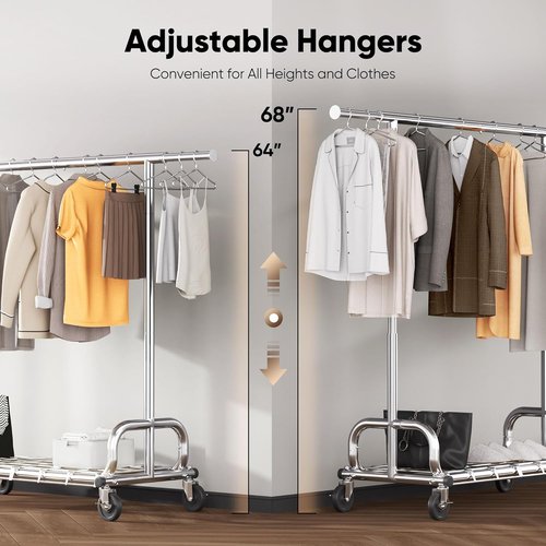 HOKEEPER Heavy Duty Clothes Rack - Adjustable Portable Garment Rack with Lockable Wheels | 68.89"H x 70.86"W x 20"D