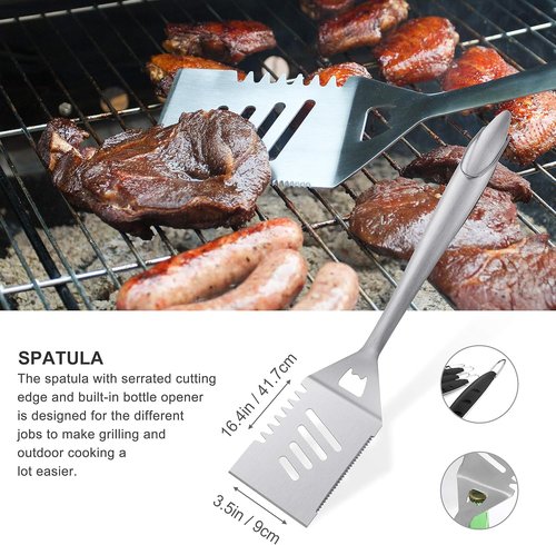 Grilljoy 8PCS BBQ Grill Tools Set - Extra Thick Stainless Steel Spatula, Fork, Tongs & Brush - Ideal Portable Accessories for Men