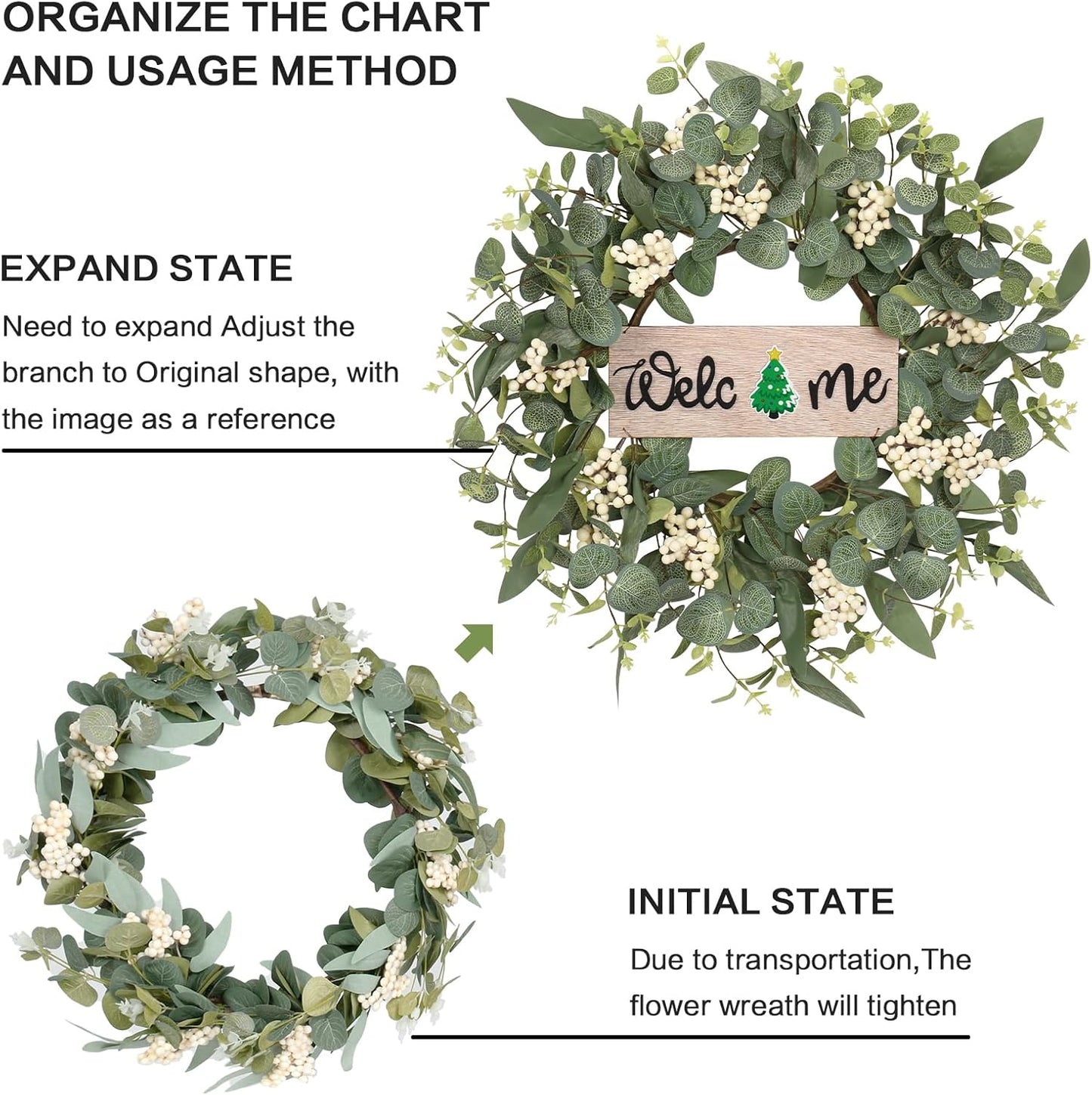 SY Super Bang 20-Inch Artificial Eucalyptus Wreath - Seasonal Welcome Sign for Home Decor