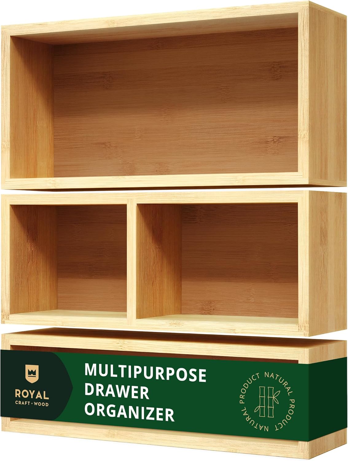 Royal Craft Wood Luxury Bamboo Drawer Organizer Set - Multi-Use Storage for Kitchen, Bathroom, Office (3 Boxes)