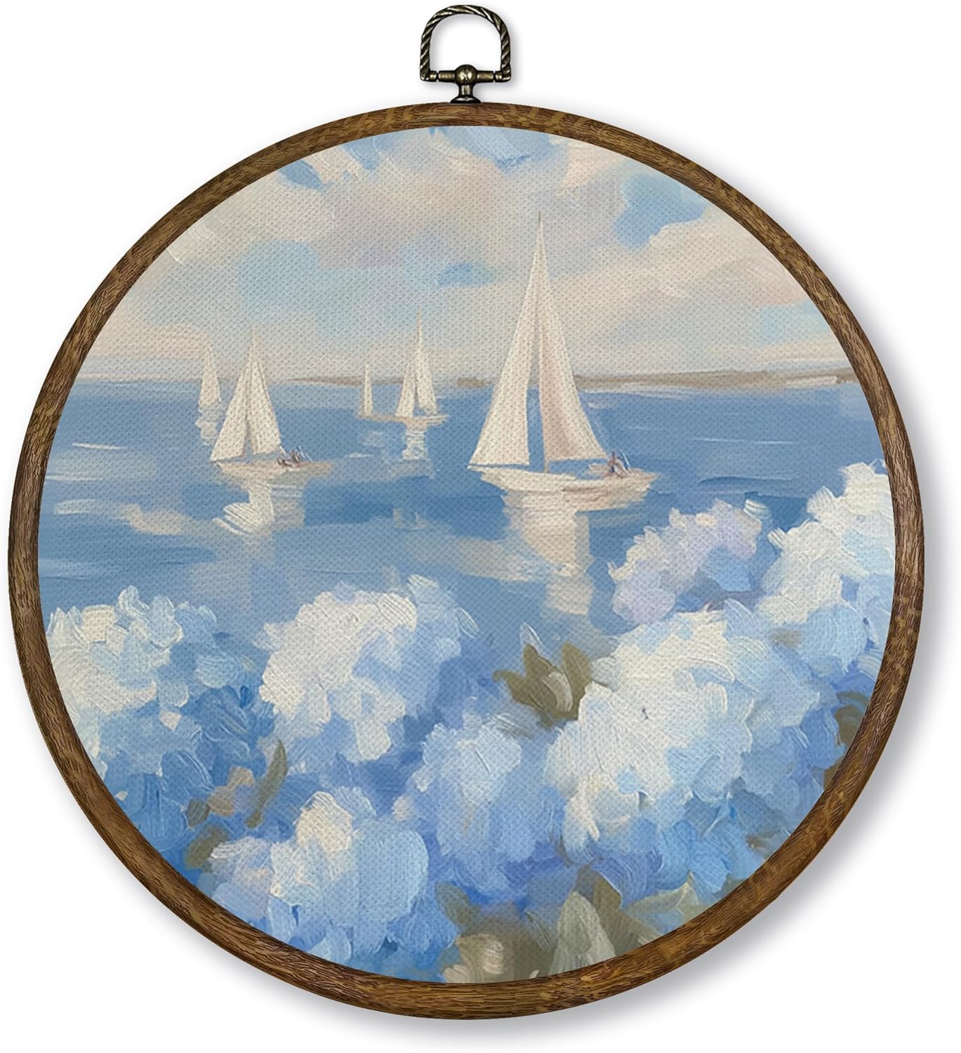 Qskjre Coastal Hydrangea Sailboat Wall Art - Nautical Blue Floral Canvas Decor | 10x10 Inch Round Framed Print