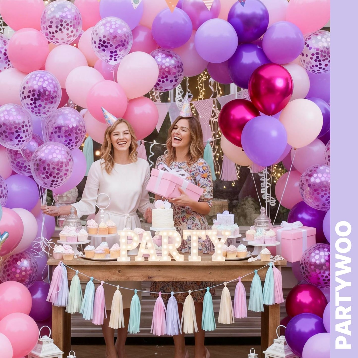 PartyWoo Pink and Purple Balloons 66pcs 12 Inch Baby Pastel Light Metallic Pink Light Purple Lavender Lilac Confetti Balloons for Baby Shower Princess Butterfly Birthday Party Decorations
