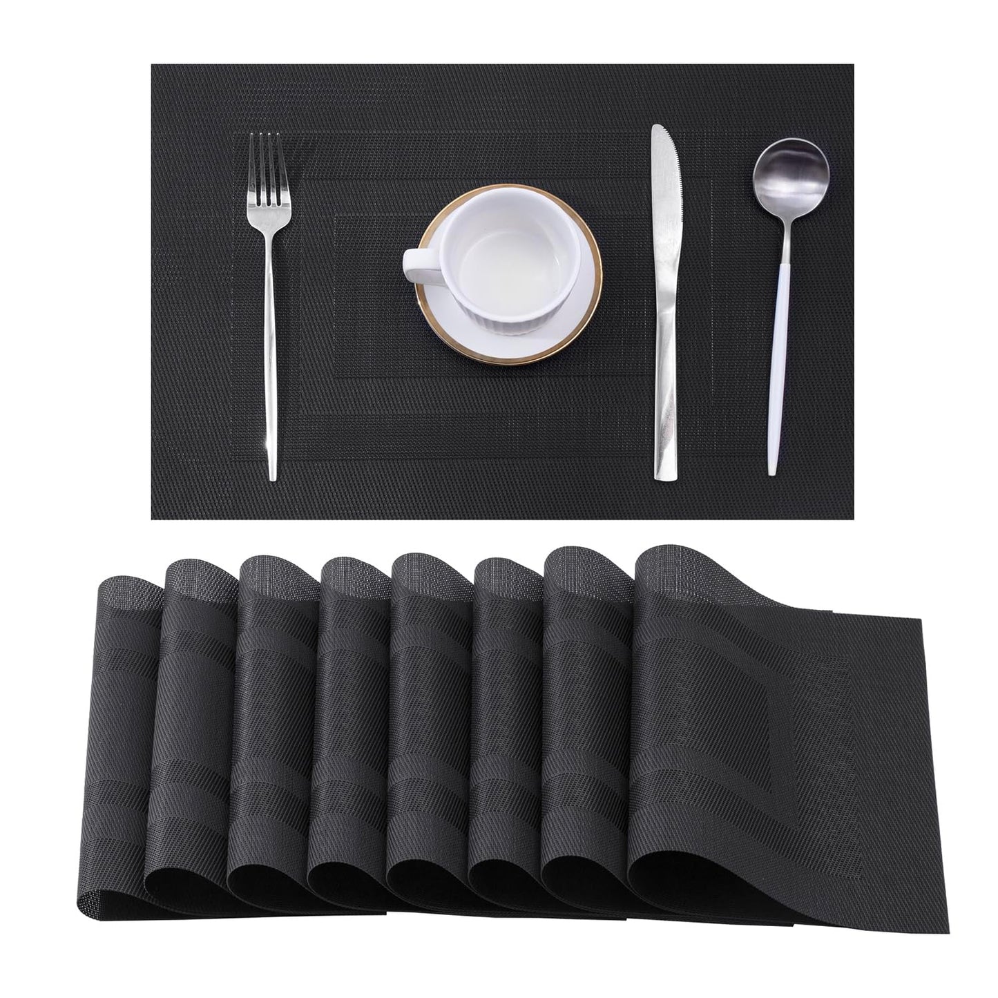 Leetaltree Black Frame Placemats Set of 8 - Heat Resistant Non-Slip Place mats for Dining Table, Washable Durable PVC Vinyl Woven Table Mats（Black Frame, 8）