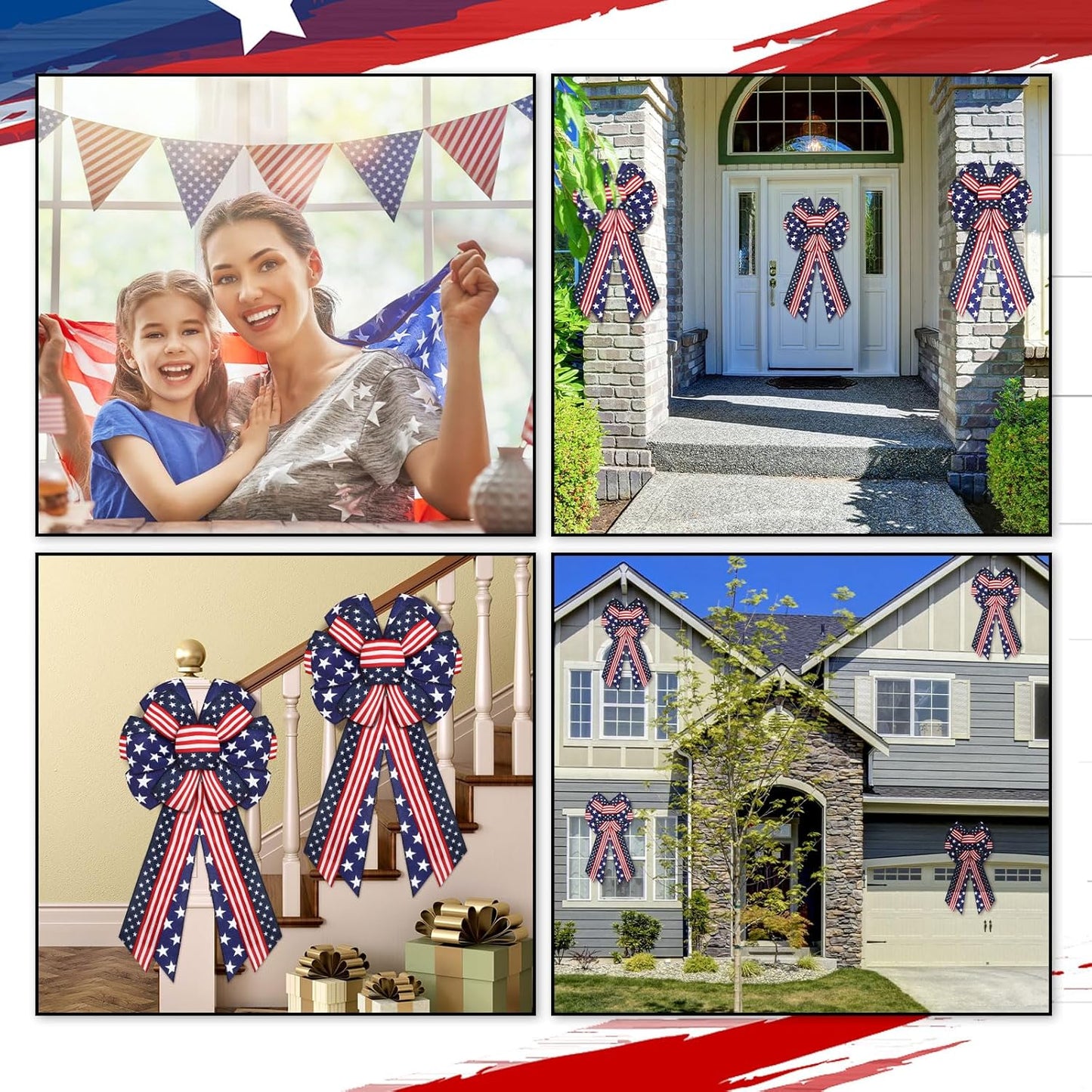 Riceshoot Patriotic Burlap Bows - 4th of July Tree Topper | USA Red, White & Blue Stars - 2 Pcs Set