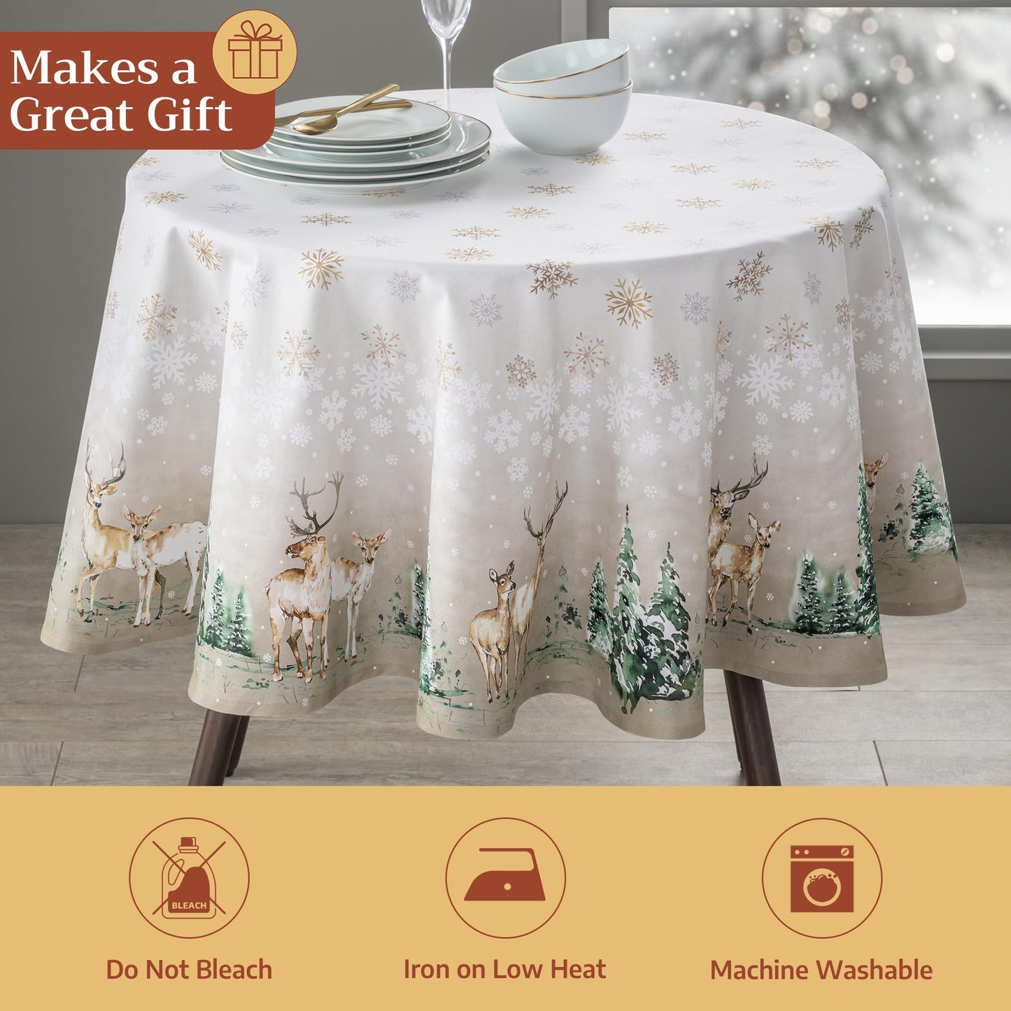 Maison d' Hermine Table Cloth Round Table 100% Cotton 63 Inches Fall Tablecloth Reusable Everyday Use for Thanksgiving Christmas Decorations Dining Farmhouse Party (Deer in The Woods)