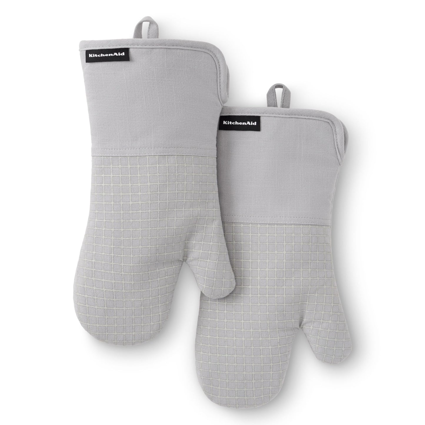 KITCHENAID Gourmet Series Gridlines Oven Mitts 2-Pack Set, Heat Resistant up to 600°F, Soft Silicone Grip, Magnetic Cuff, Matte Grey, 7"x14"