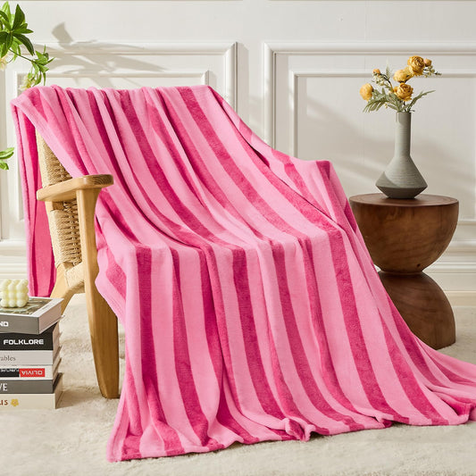 FY FIBER HOUSE Striped Flannel Twin Blanket for Couch Soft Cozy Blankets for Sofa All Season Use, 60x80 Inches, Hot Pink
