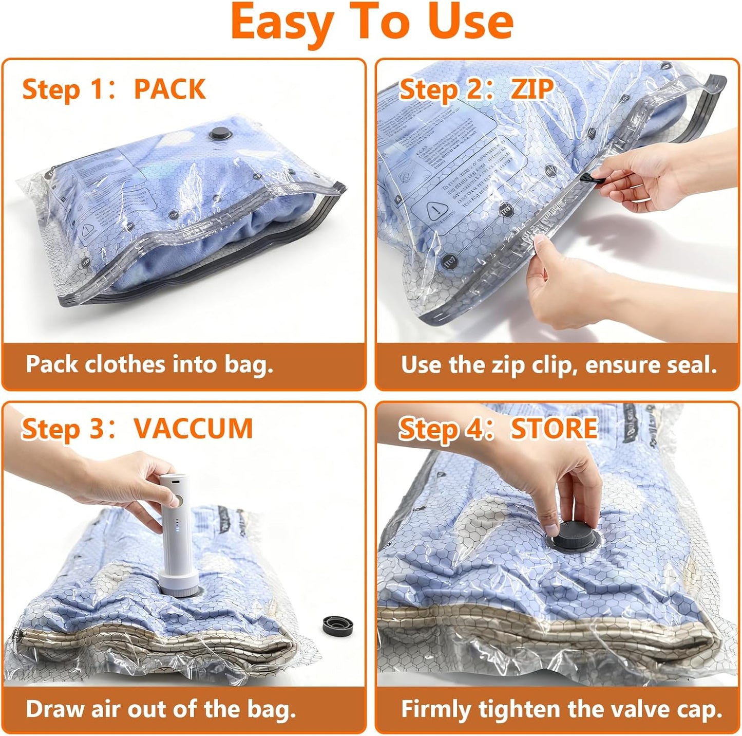 Skiennix Travel Vacuum Storage Bags - 15 Pack with USB Electric Pump | Space Saver for Clothes & Luggage