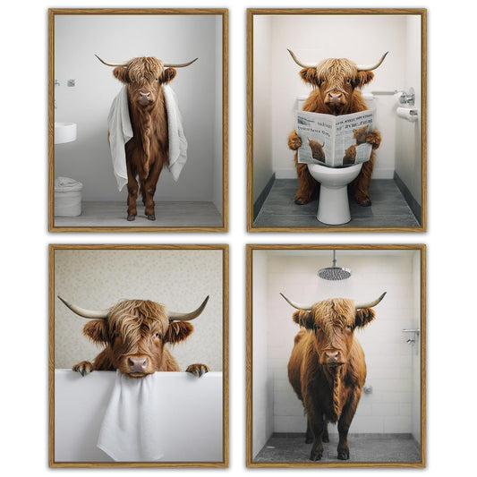 Funny Highland Cow Bathroom Wall Art Framed Rustic Cute Bathroom Canvas Prints for Bathroom Restroom Decor 8x10in (Framed)