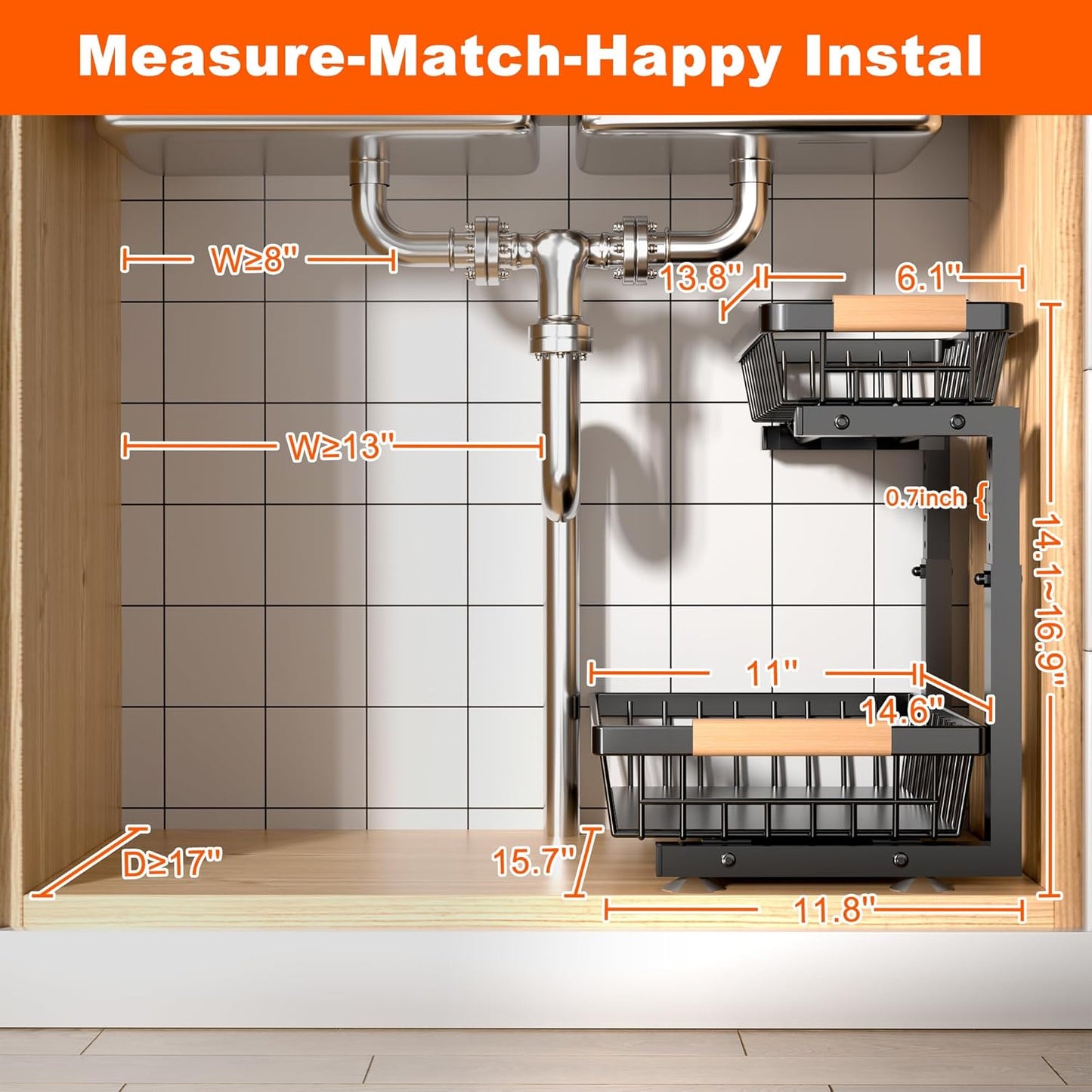 Under Sink Organizer | 2-Pack Adjustable Metal Shelves for Kitchen & Bathroom Storage - Black