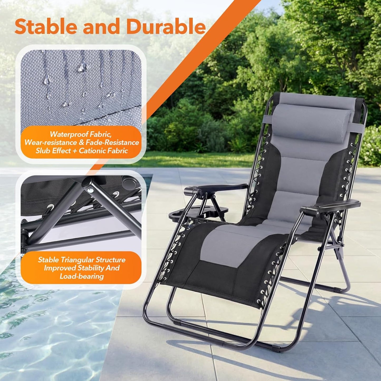 Sweetcrispy Zero Gravity Chairs - Oversized Foldable Patio Recliners with Adjustable Pillow & Cup Holder | Supports 400 lbs (Black-Gray)