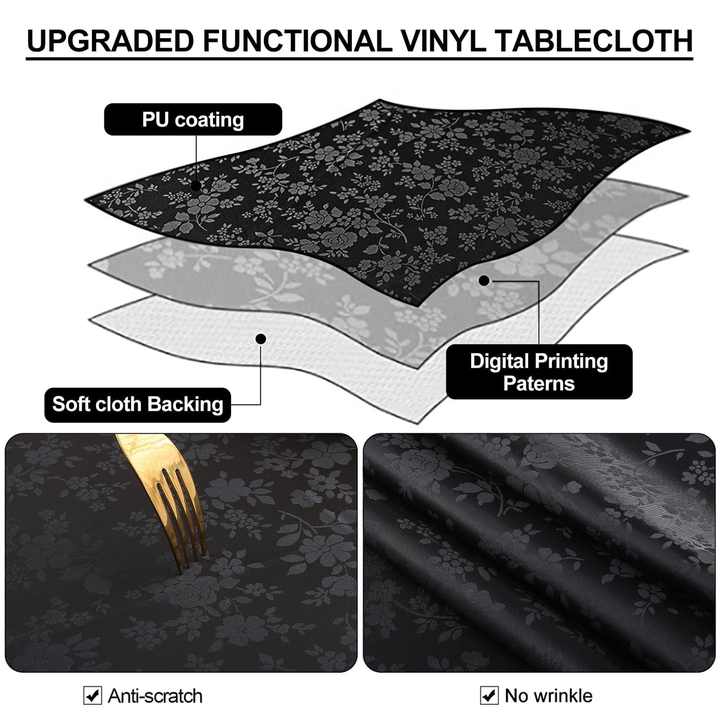 Smiry Rectangle Table Cloth, Waterproof Heavy Duty Vinyl Tablecloths, Wipeable Washable Table Cover for Kitchen and Dining Room (Black, 54" X 108")