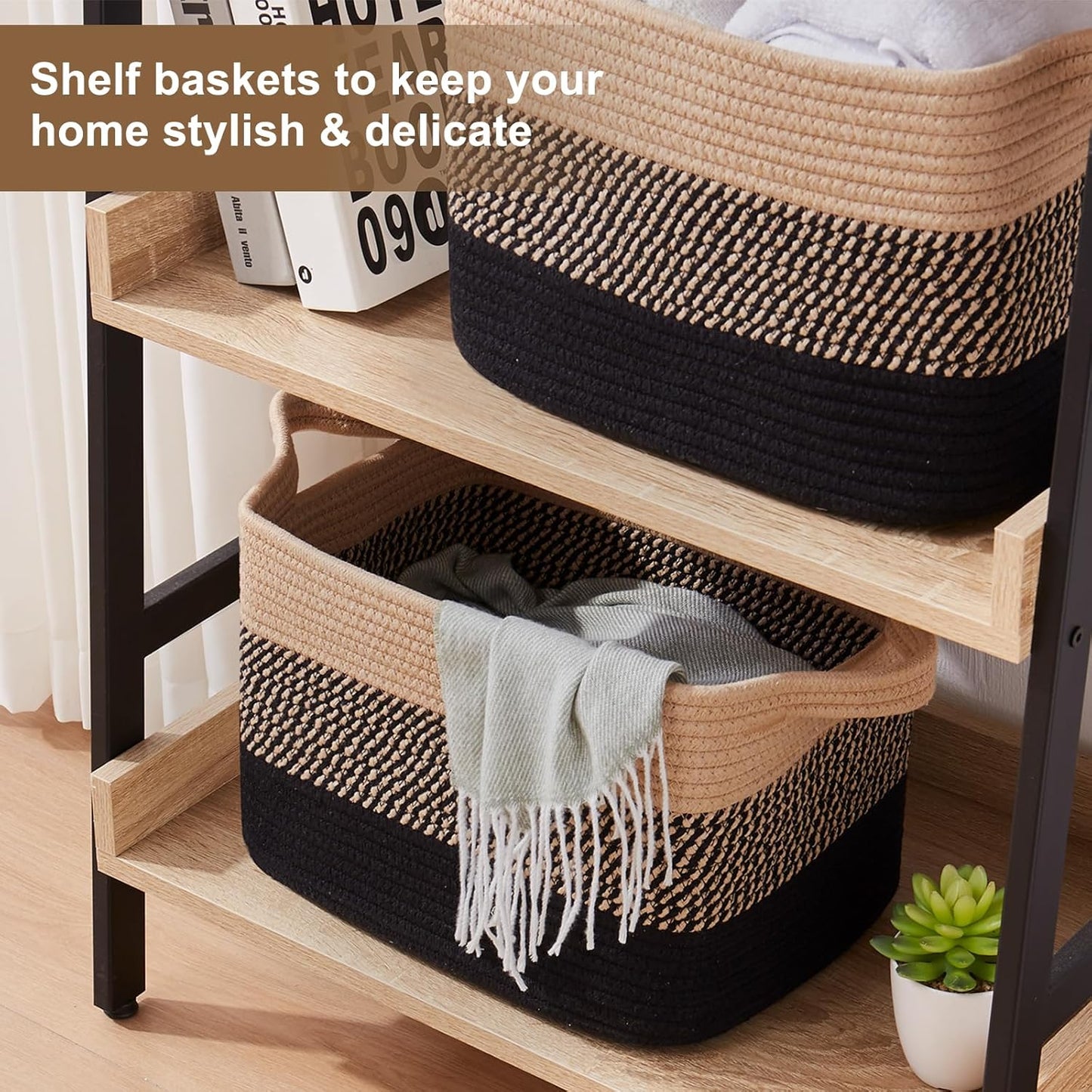 OIASKET Storage Basket - Woven Organizing Bins for Toys, Books, Nursery | Pack of 3 (Black & Brown, 13"x9.85"x8.7")