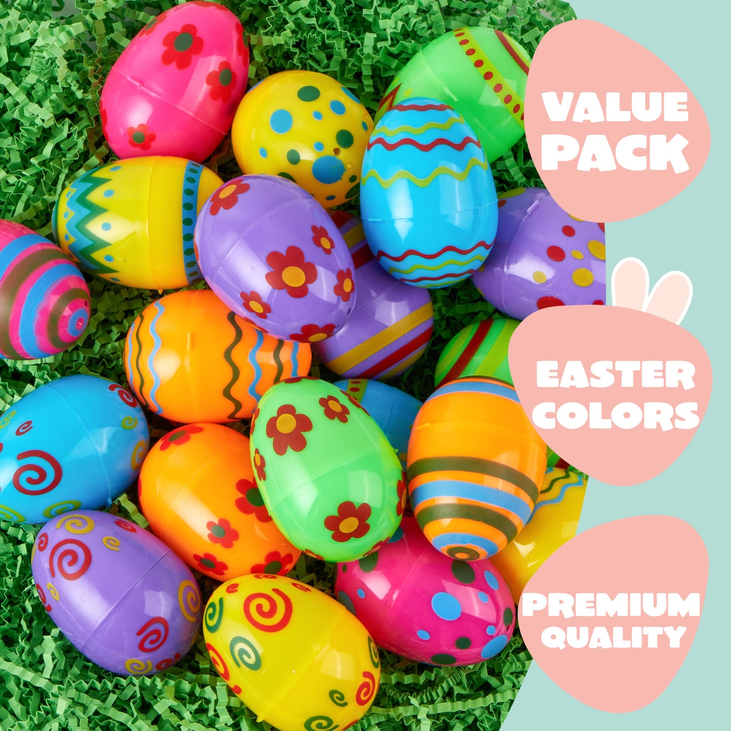 JOYIN 36PCS 2.3" Printed Empty Plastic Eggs Fillable, Bright Colorful Plastic Eggs Bulks for Festival Hunt, Filling Treats, Party Favor, Basket Stuffers, Classroom Prize Supplies