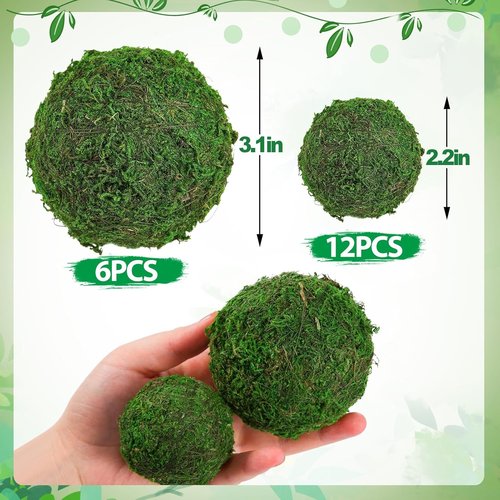 Biubee Decorative Faux Dried Moss Balls - 18 Pack of 6pcs 3.1" & 12pcs 2.2" Handmade Spheres for Home Decor