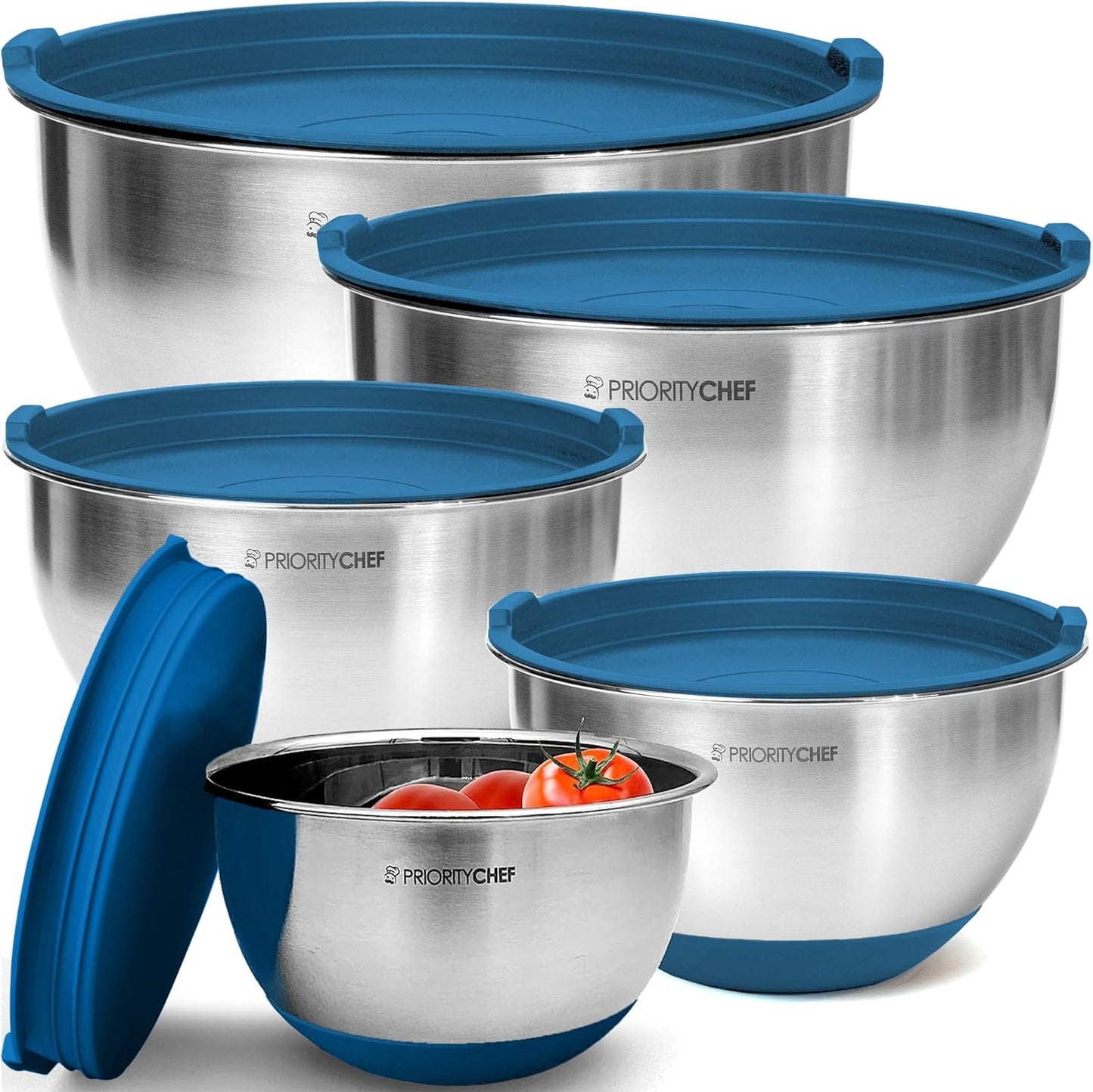 Priority Chef Premium Mixing Bowls - Airtight Lids Set, Durable Stainless Steel, Nesting Design | 1.5-5 Qt, Blue