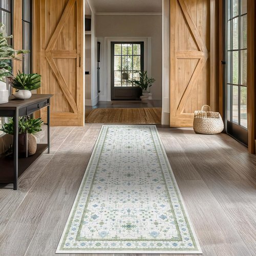 Hazo Haus Oushak Runner Rug - Floral Pastel Boho Design | Washable Low Pile Non-Slip 2x10 ft - Cream, Blue & Green