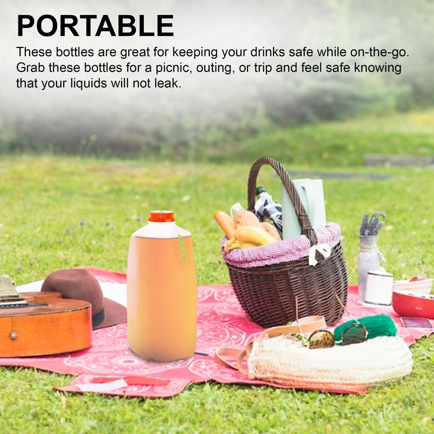 MT Products 64 Oz HDPE Plastic Juice Bottles with Orange Tamper Evident Caps Set of 6 Bottles and 6 Caps - Made in The USA