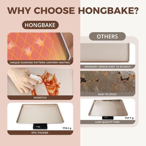 HONGBAKE 9-Piece Nonstick Baking Pans Set - Stackable, Non-Toxic Bakeware with Diamond Texture | Gold