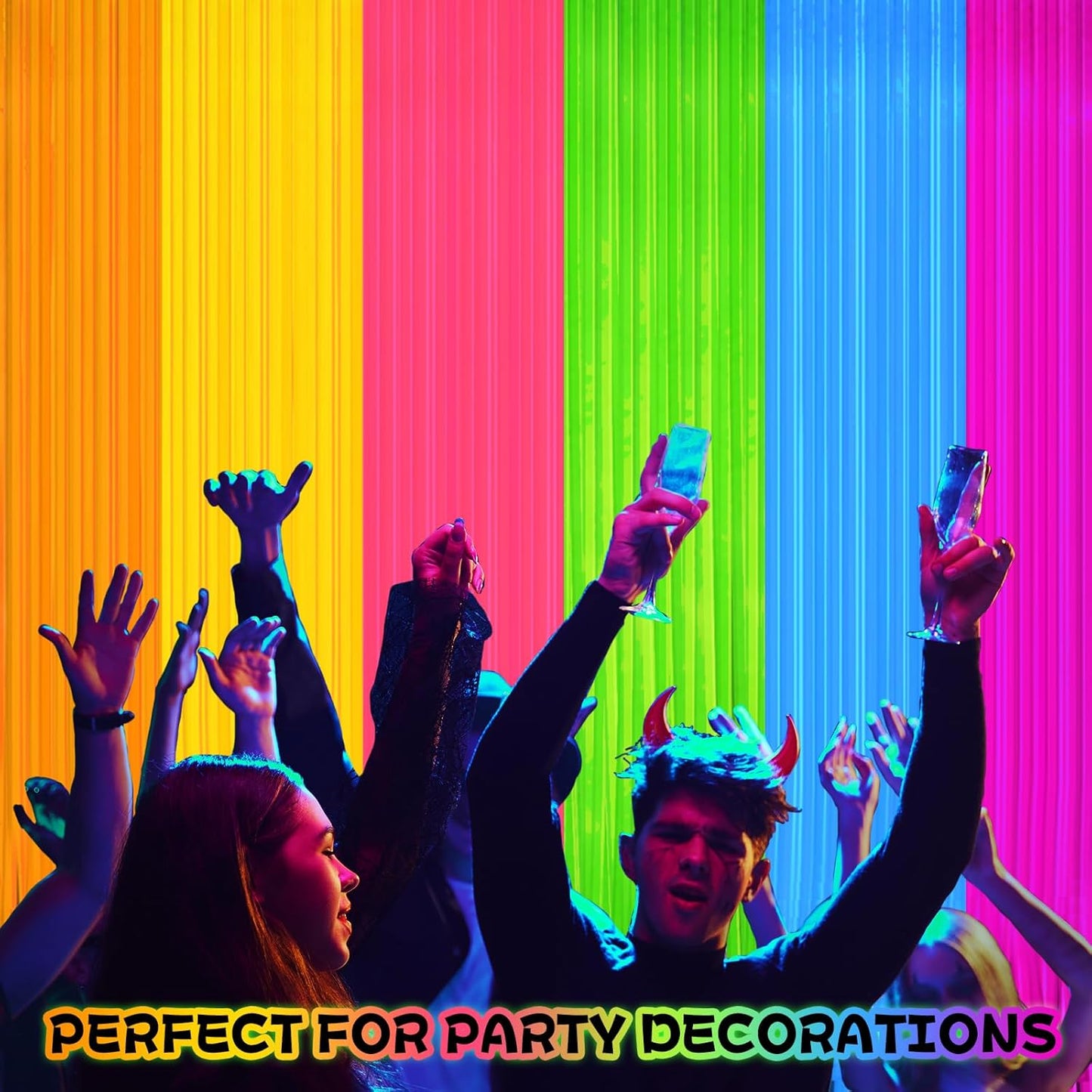 Skiennix Glow In The Dark Curtains - Colorful Tinsel Foil Fringe Backdrop | 6.6 x 3.3 Ft Party Decor