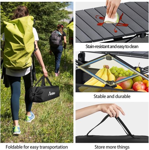 Anbte Aluminum Camping Table - 3ft Adjustable Height with Storage Net & Bag | Lightweight Roll-Up for Indoor/Outdoor Use, Black