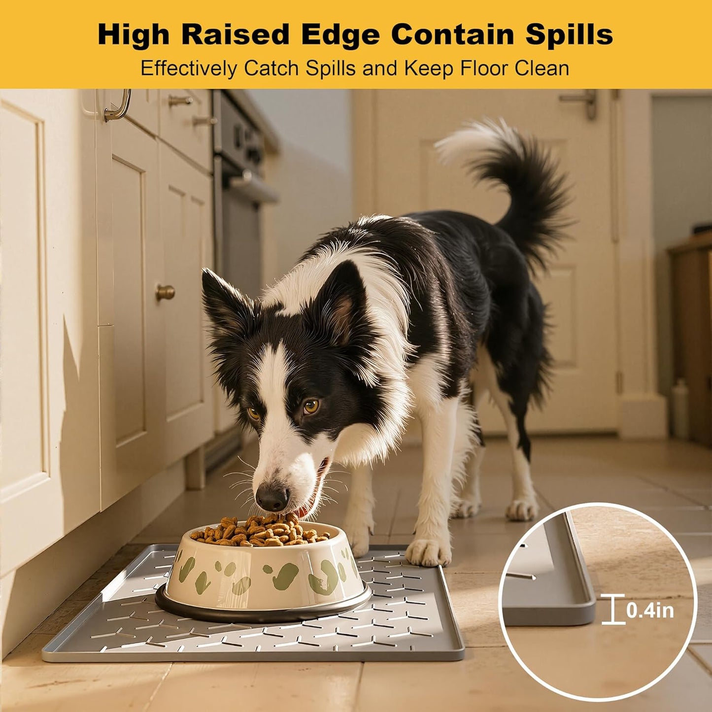 Pieviev Dog & Cat Food Bowl Mat - Waterproof Silicone, Non-Slip Design, 24''x16'', Light Gray